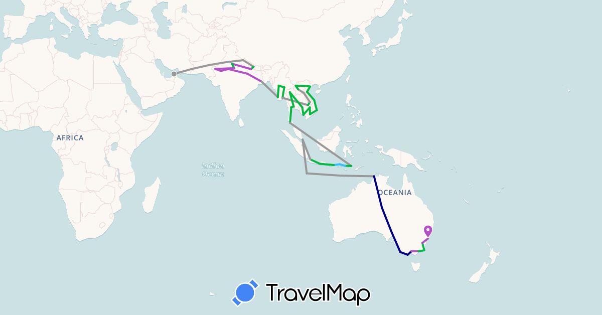 TravelMap itinerary: driving, bus, plane, train, boat in United Arab Emirates, Australia, Indonesia, India, Cambodia, Laos, Myanmar (Burma), Nepal, Singapore, Thailand, Vietnam (Asia, Oceania)