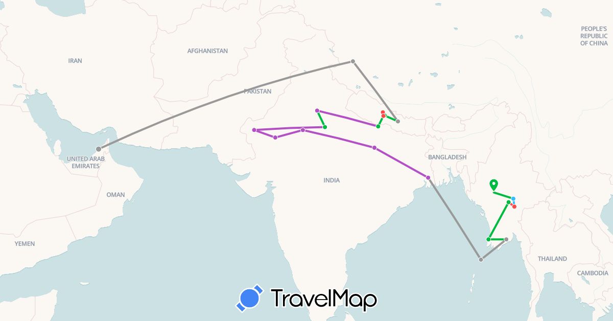 TravelMap itinerary: driving, bus, plane, train, hiking, boat in United Arab Emirates, China, India, Myanmar (Burma), Nepal (Asia)