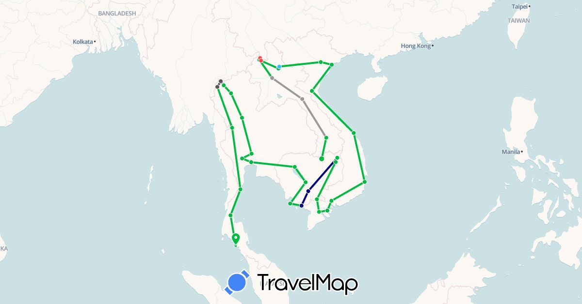 TravelMap itinerary: driving, bus, plane, hiking, boat, motorbike in China, Cambodia, Laos, Thailand, Vietnam (Asia)