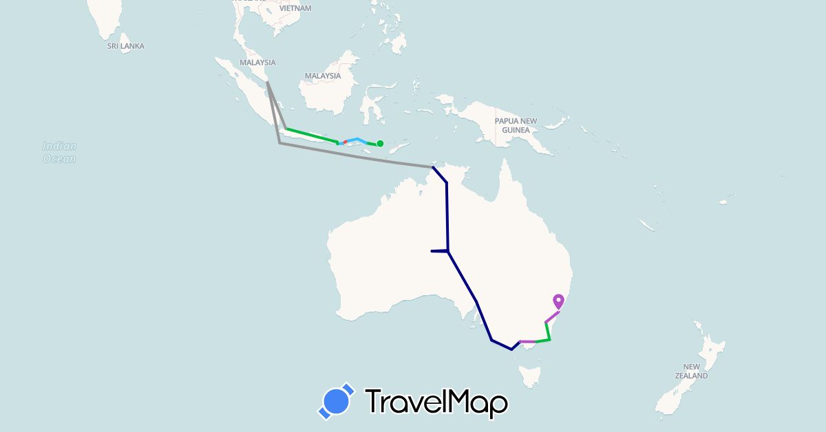 TravelMap itinerary: driving, bus, plane, train, hiking, boat in Australia, Indonesia, Singapore (Asia, Oceania)